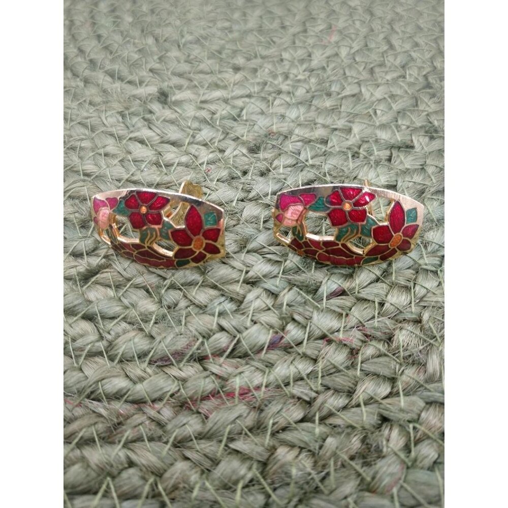 Vintage Cloisonne Gold Tone Clip-On Earrings With Red & Green Floral Enamel Desi
